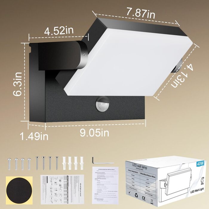 Зовнішня LED-стінна лампа Kingwen 40W, 3000K, поворотна на 360°, IP65, чорна. Підходить для вулиці та приміщення, для гаража, тераси. Тепле біле світло.