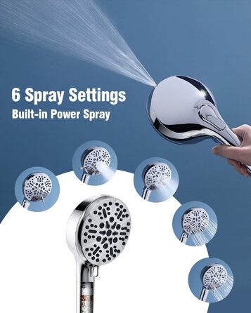 Душова лійка BOWGER із фільтром, 6 режимів, високий тиск, Power Wash, для жорсткої води, знімна, хромована, золотиста, з довгим шлангом