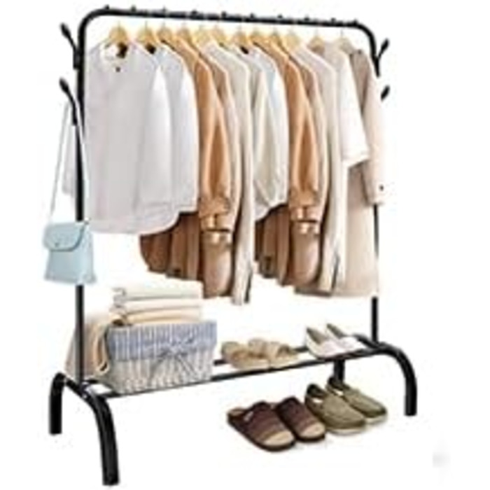 Стійка для одягу на підлозі, чорна, з полицею для взуття та нижньою полицею, металева, для спальні