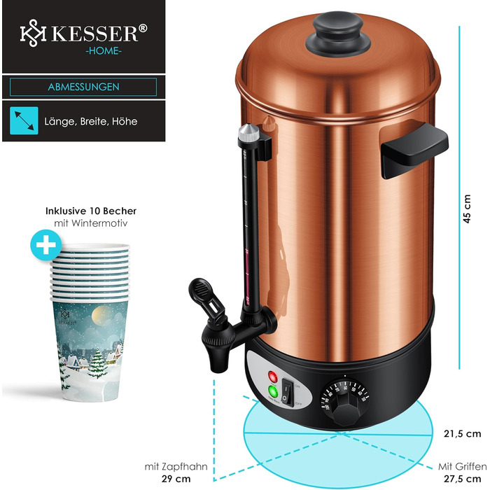 KESSER® Mulled Wine Boiler 8L Stainless Steel Incl. 10x Cups Mulled Wine Cooker with Thermostat Mulled Wine Dispenser Hot Beverage Dispenser Kettle Hot Water Dispenser Canning Device Level Indicator Tap Black (8 Liters / Copper)
