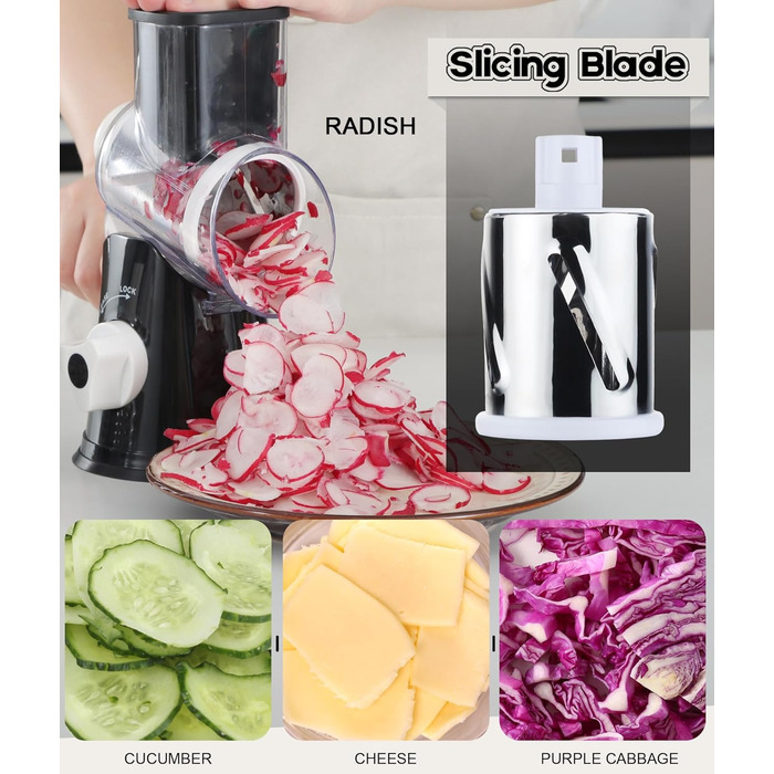 Ручна тертка Ourokhome Rotary: тертка для сиру, овочів, горіхів, картоплі, моркви (3 леза, чорний)