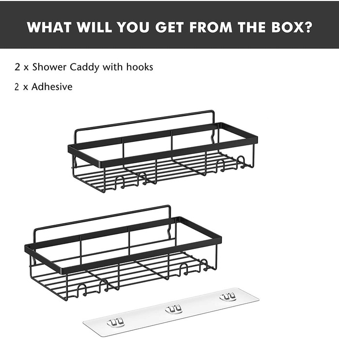 Двосекційна дзеркальна поличка для душу без свердління, 2 шт. з 8 гачками, велика місткість, для шампуню та аксесуарів (чорний)
