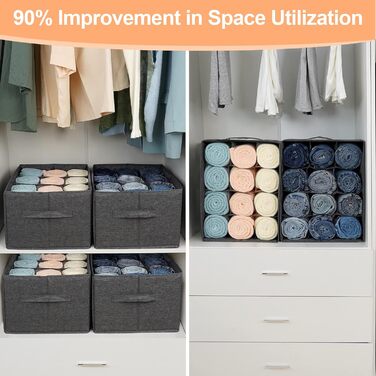 EASEVE 4-Piece Closet Organizer Drawer Storage Box for Clothes - 12-Cell Drawer Organization System Closet Clothes Storage Boxes for Jeans, Pants, Towel, Shirt, Sweater