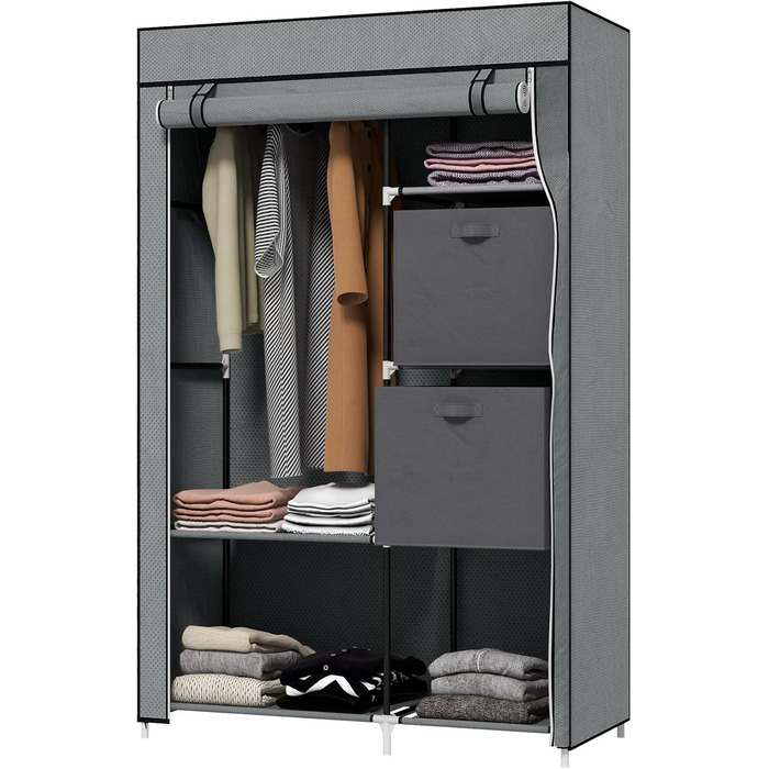 HOMCOM Wardrobe, Fabric Closet with Drawers, Clothes Rail and Zipper, Fabric Clothes Storage Rack Folding Closet for Bedroom, Dressing Room, 102 x 42.5 x 162.5 cm, Dark Grey