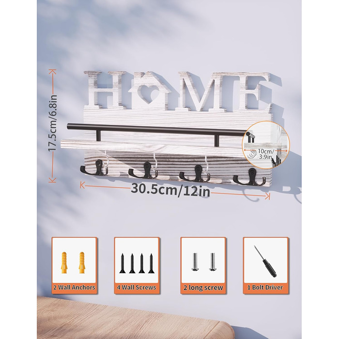 Дерев'яний органайзер для ключів з полицею на стіну - 7 гачків, Rustic дизайн (білий)