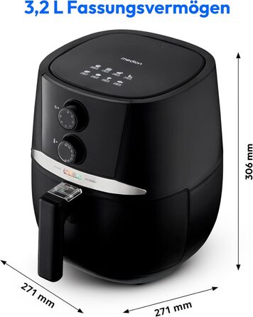 MEDION E20 L Фритюрниця повітряна, 3.2 л, чорна, 1400 Вт, таймер 30 хв, захист від перегріву, MD10711
