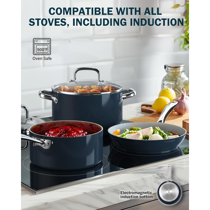 Набір посуду Cook N Home 10 предметів: каструлі та сковорідки з антипригарним покриттям, індукційне кухонне начиння, блакитний колір