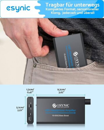 eSynic Підсилювач для навушників HiFi – портативний, 3.5mm AUX, 1000mAh, для MP3/MP4/Smartphone/PC, підходить для навушників 16-600 Ом, алюмінієвий корпус