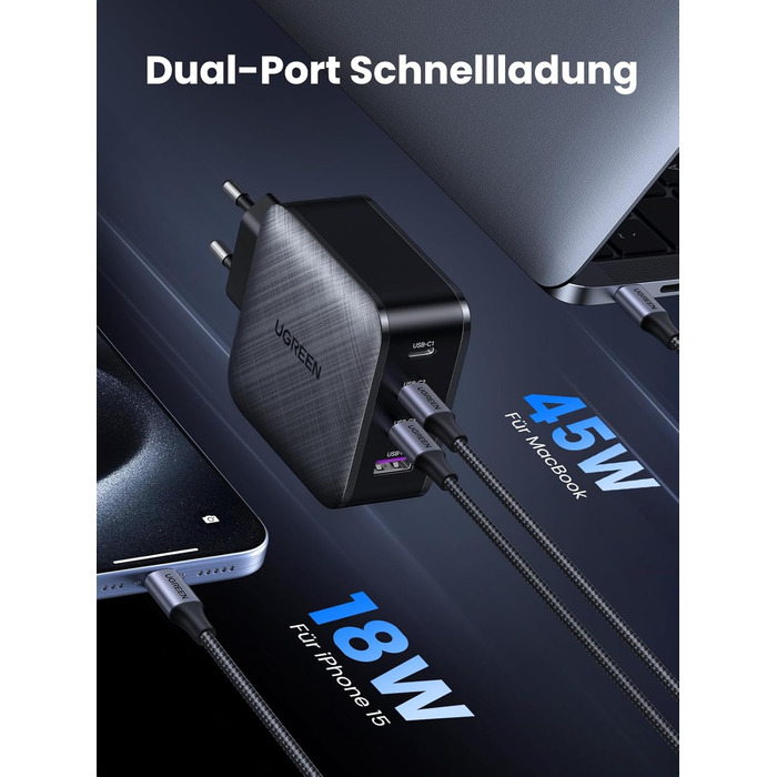 Зарядний пристрій UGREEN 65W USB-C GaN PD з 4 портами для MacBook, iPhone, iPad, Samsung
