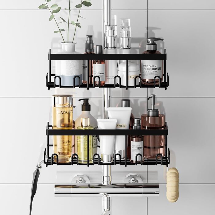 HouseUp Shower Shelf No Drilling, 2 Pack Shower Rod Storage Shelf Stainless Steel for 18mm-25mm Shower Rod, Black Bathroom Organizer Shampoo Holder for Shower