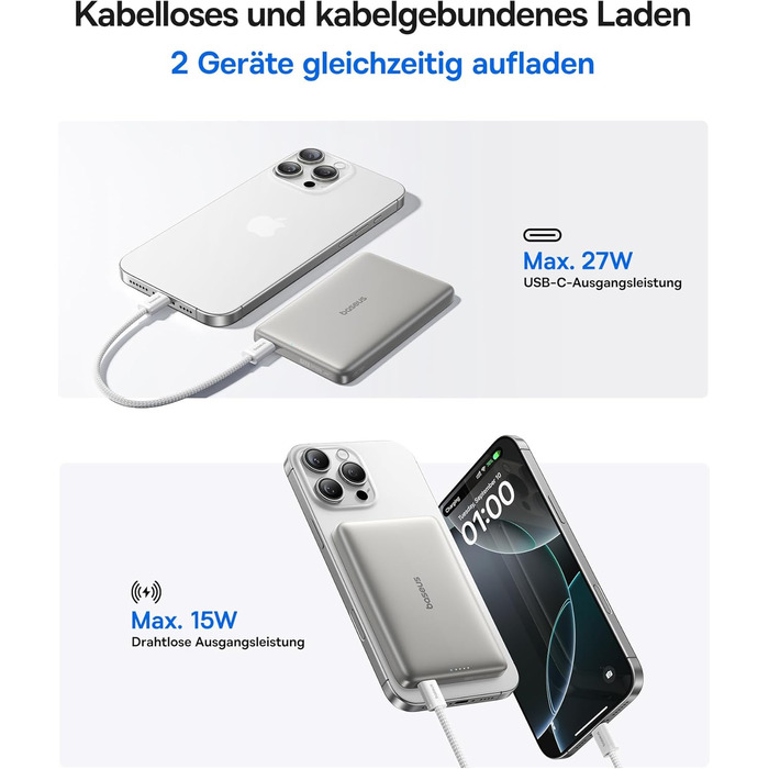 Power Bank Baseus Picogo AM41: Тонкий Qi2 Magsafe павербанк 15W, PD 27W, 10000mAh, USB-C, для iPhone 17/16/15/14/13/12 (Титановий)