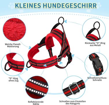 Нашийник для собак середнього та малого розміру з повідком, м'який, не тягне, з 2 кліпсами для повідка, легкий, світловідбиваючий, регульований (Червоний, XS)