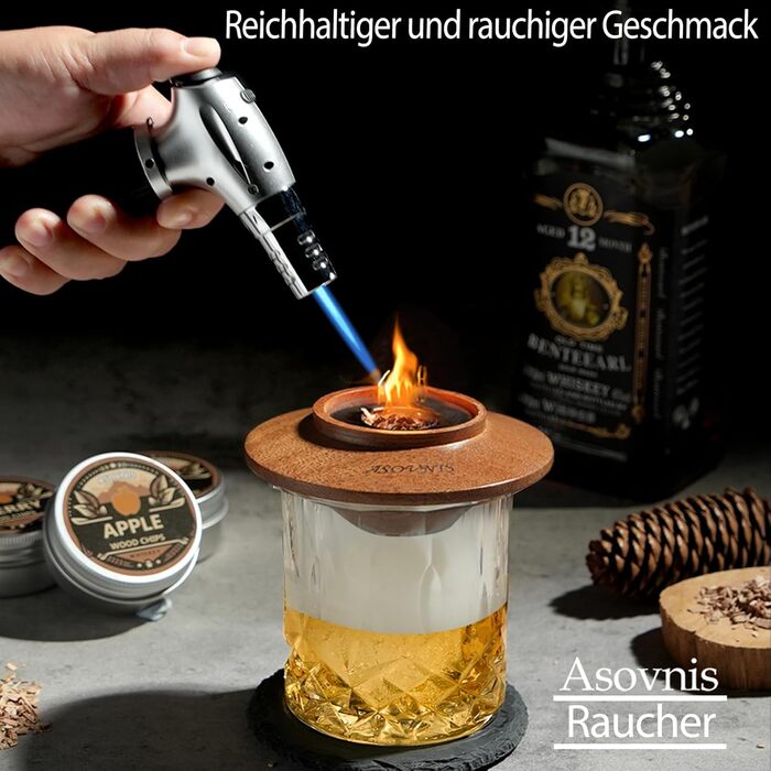 Набір для копчення віскі з факелом: 6 смаків, дерев'яні тріски, 2 склянки, 6 контейнерів для віскі, коктейльний набір для копчення, набір для копчення напоїв, подарунок на день народження для любителів бурбону (без бутану)