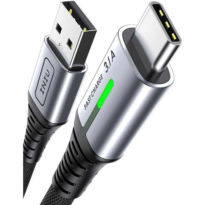 Кабель USB-C 1м, швидка зарядка 3.1A з LED-підсвічуванням, сумісний з iPhone 15, Samsung Galaxy, Google Pixel, чорний