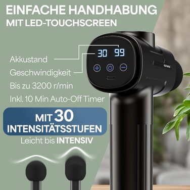 Масажер для м'язів з 6 насадками та 30 швидкостями, USB-C, LCD-екран (Чорний)