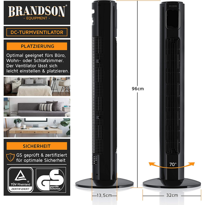 Turmventilator Brandson ECO Silent з DC-двигуном: 12 швидкостей, таймер, пульт ДУ, енергозбереження, колір чорний