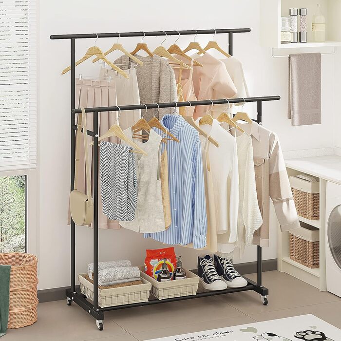 Clothes Rack with Double Rod, Rolling Clothes Rack, Portable Clothes Rack for Bedroom, Living Room, Clothing Store (Black)