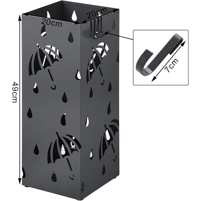 WOLTU Iron Umbrella Stand - Rectangular, 20x20x49cm - with Water Tray & 4 Hooks - Anthracite SST02an