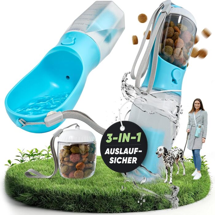 Водяна пляшка для собак на прогулянці 3-в-1 з мискою | Безпечна, BPA-free, з функцією подачі води | 600 мл, блакитна