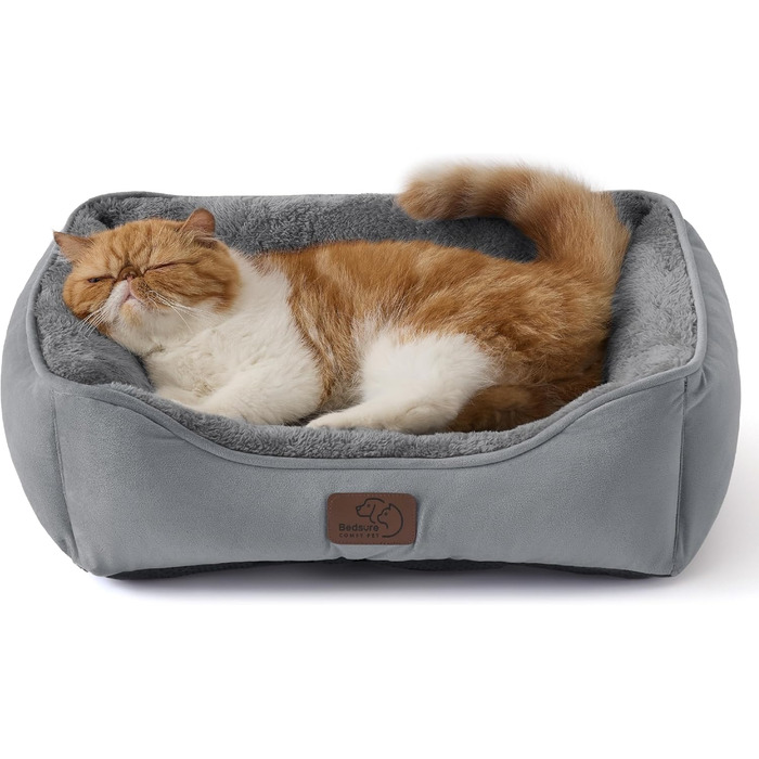 Ліжко для кота BEDSURE велике, 63.5x53 см, неслизьке, для собак та котів, квадратне, з м'яким бортиком, сірого кольору