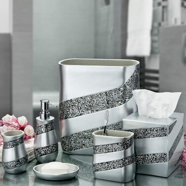 Набір аксесуарів для ванної кімнати Dwellza, срібляний мозаїчний набір, 6 предметів, срібляний, себорер, тримач для зубних щіток, стакан, мильниця, кришка для серветок, сміттєвий бак