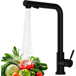 Змішувач кухонний водяний чорний, висувний з душем, 360° поворотний, 2 режими розпилення, для кухні, нержавіюча сталь