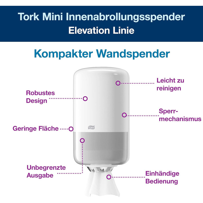 Tork 558000 Mini Roll Dispenser for M1 Wipes in Elevation Design / Wipe Dispenser for hygienic single-sheet dispensing in White, (W x H x D) 174 x 321 x 165 mm