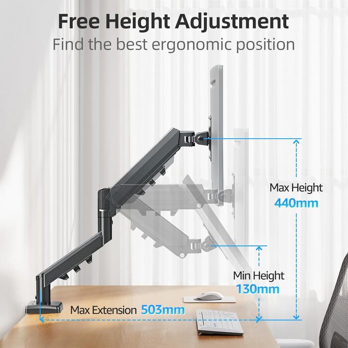Кріплення для монітора MOUNTUP, 13-32 дюйми, 2-9 кг, VESA 75/100mm, газ-амортизатор, 360° оберт, регулювання висоти, нахил, EU8015B, Single arm