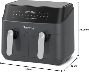 Аерофритюрниця TurboTronic Doppel XXL 9л (2х4.5л) з цифровим керуванням, сіра - фритюрниця без олії, 12 програм