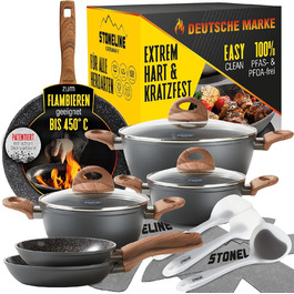 STONELINE Ceramic Cookware Set, 14-Piece, 18/20/24cm Pots and Pans, PFAS-Free, Cookware Set, Pan Set, Induction, Cookware Set with Lids, Ceramic Coating with Real Stone Particles, Wood-Look Handles, 14-Piece
