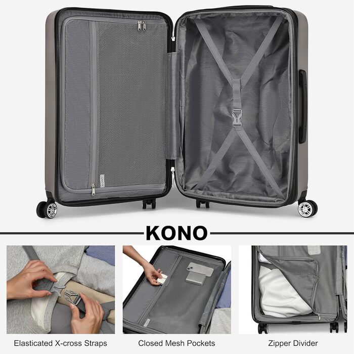 Чемодан-тележка KONO з розширенням, жорсткий корпус, XL, з TSA-замком та 4 колесами, 75x47.5x29.5 см, сірий