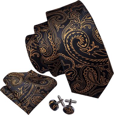 Набір краватки, кишенькового хустинки та запонок Barry.Wang: Шовкова краватка з квітковим візерунком Paisley, чорно-золота, для весілля та свят