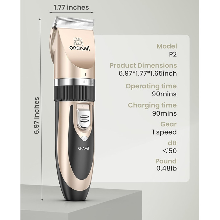 Oneisall Professional Pet Hair Clipper - Cordless Dog & Cat Grooming Kit - Electric Hair Trimmer with Gold Finish