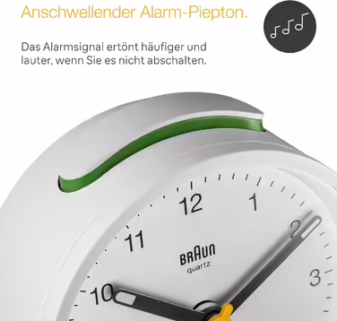 Braun Classic Analog Alarm Clock with Snooze Function and Light, Silent Quartz Movement, Crescendo Alarm in White, Model BC12W.