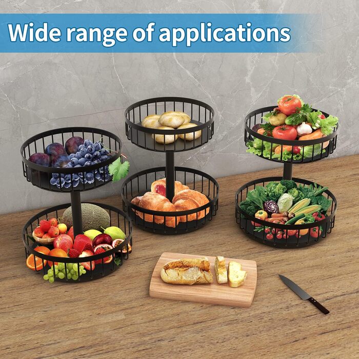 ZDDLOINP Обмежувач для фруктів та овочів, чорний, 2 яруси - органайзер для зберігання, велика фруктова корзина, етажерка для кухні, зберігає фрукти та овочі свіжими