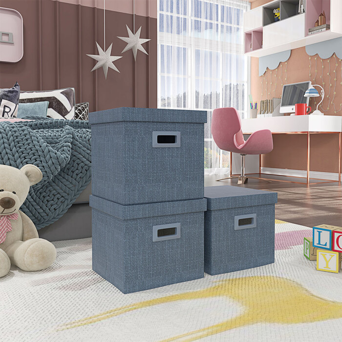 HOMCOM Storage Boxes 3-Piece Set, Stackable Storage Cubes, Foldable Storage Box for Living Room, Bedroom, 30 x 30 x 29 cm, Blue | Aosom