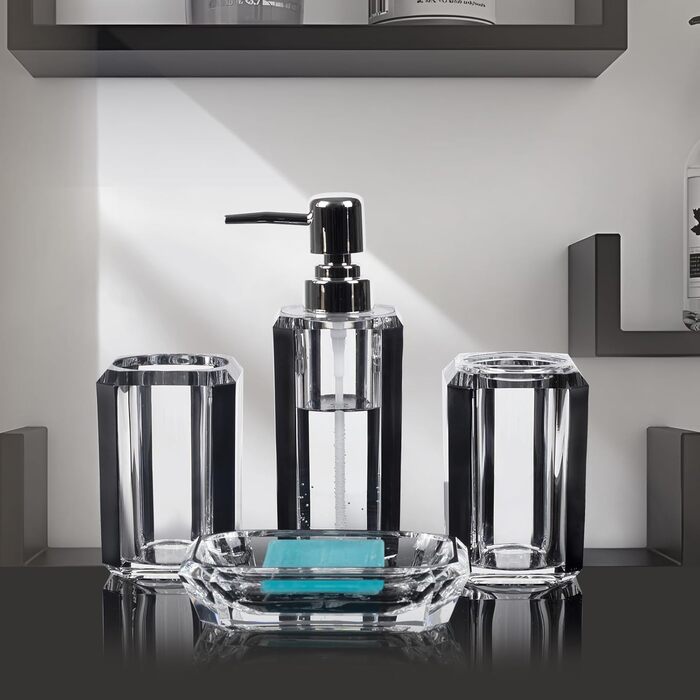 Набір аксесуарів для ванної кімнати з акрилу преміум-класу (4 шт.): диспенсер для миючого засобу, дозатор для лосьйону, мильниця, стакан для ополіскувача, стакан для зубної пасти (чорний, матовий)