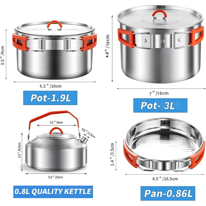 Набір кухонного посуду для кемпінгу з нержавіючої сталі 304, для 2-4 особи, похідний посуд для кемпінгу, пікніків та відпочинку на природі