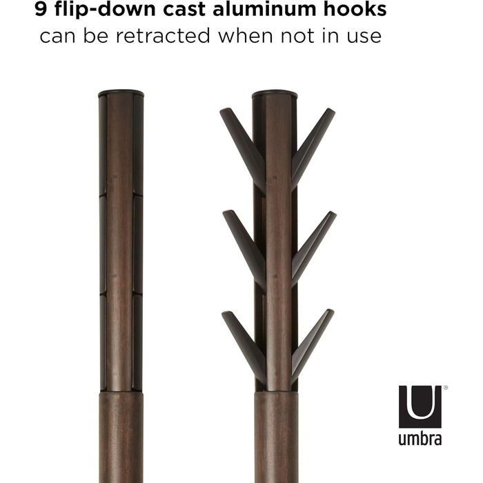 Umbra Flapper Coat Rack – Clothes Rack with 9 Foldable Hooks for Entryway and Office, Wood, White, 57.2 x 57.2 x 165.1 cm, White (Black/Walnut, Single)