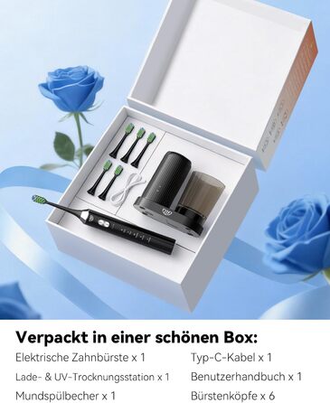 Електрична звукова зубна щітка JTF з УФ-дезінфекцією та сушінням, бездротова зарядка, 5 режимів чищення, 6 насадок, стаканчик для полоскання, акумуляторна для дому та подорожей (Чорна)