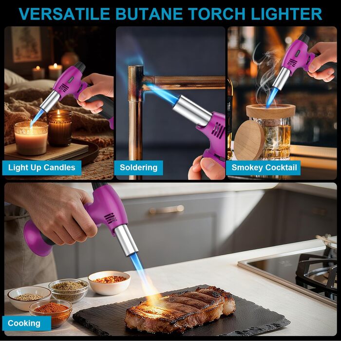 Наповнюваний пальник для крем-брюле, міні-пальник з безпечним затвором та регульованим полум'ям для десертів, BBQ, фіолетово-чорний
