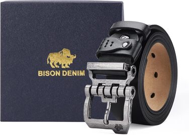 Чоловічий шкіряний ремінь BISON DENIM для джинсів та бізнес-стилю, ретро-дизайн, ширина 38 мм, довжина 130 см, чорний (W71694-2bm-black)