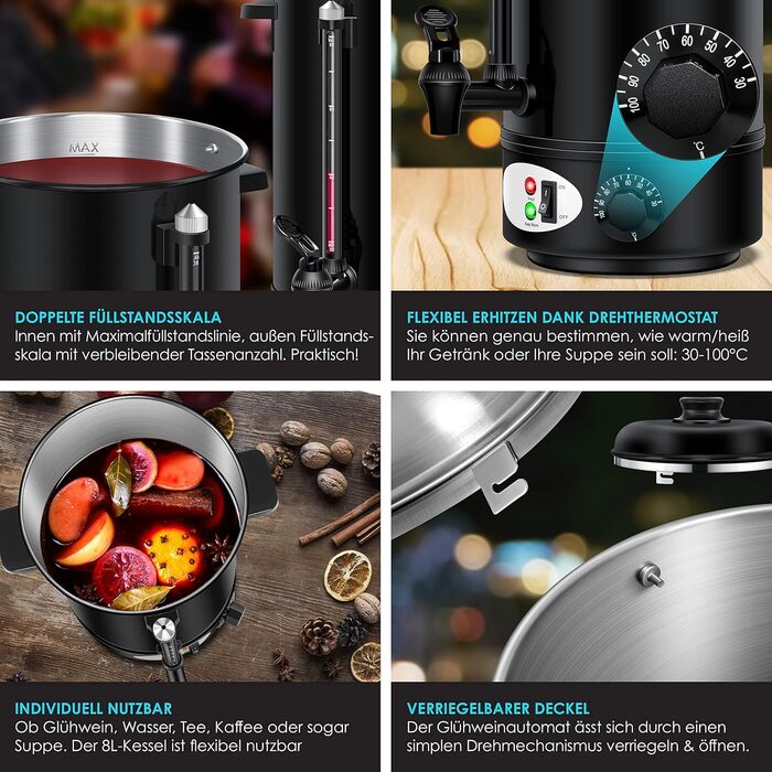 KESSER® Mulled Wine Boiler 8L Stainless Steel Incl. 10 Cups Mulled Wine Cooker with Thermostat Mulled Wine Dispenser Hot Beverage Dispenser Water Boiler Hot Water Dispenser Canning Device Level Indicator Tap Black