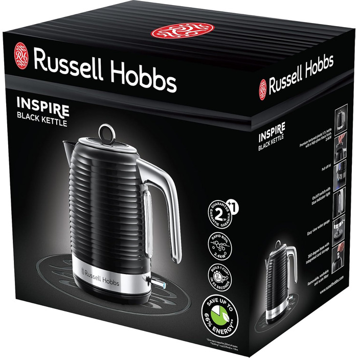 Електричний чайник Russell Hobbs Inspire 1.7л, 2400W, чорний з високоякісною глянцевою поверхнею, фільтр від накипу, індикатор рівня води, знімний кришка