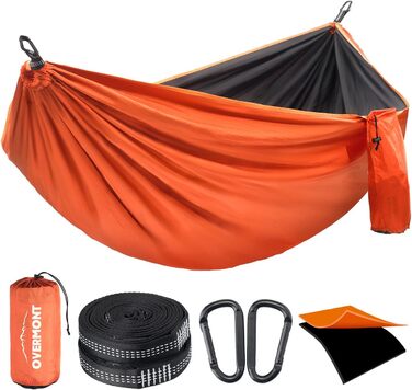Гамак Overmont двошаровий, сертифікований TÜV, 400 кг, 280x185 см, нейлон, для кемпінгу, відпочинку на природі, чорно-помаранчевий