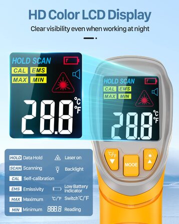 Інфрачервоний термометр Eventek -50°C ~ 600°C з лазером, регулюванням випромінювання та LCD-дисплеєм для гриля, піци, кухні та промисловості (жовтий)