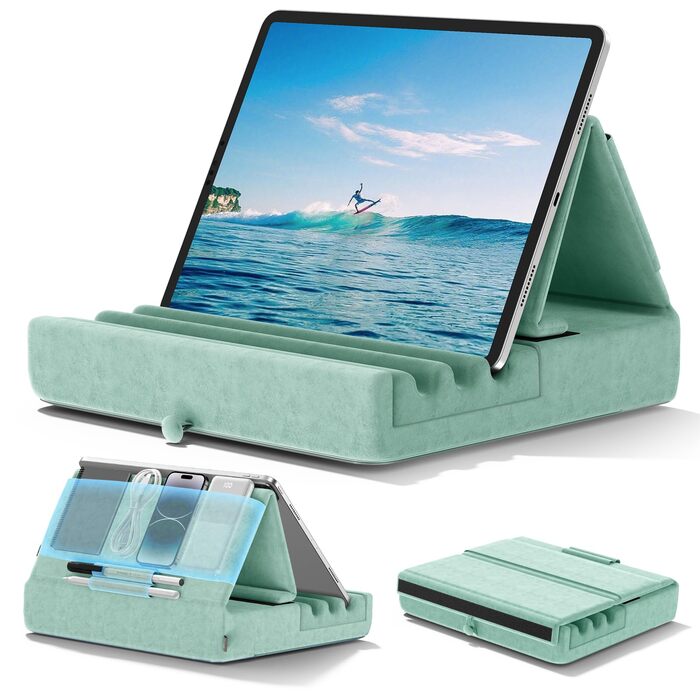 Підставка-подушка для планшета KDD, складаний тримач для iPad Pro 12.9, Air, Mini та електронних книг з кишенею та тримачем для стилуса, зелена