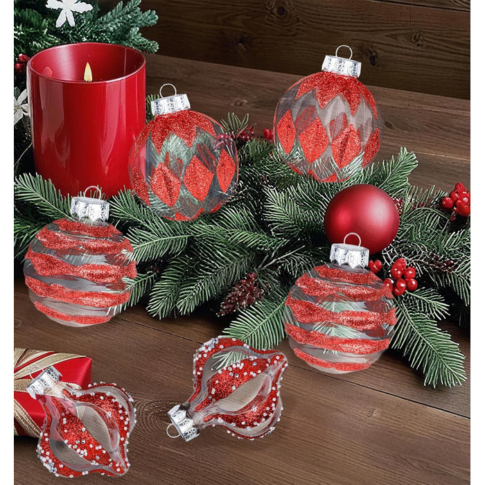 Набір ялинкових прикрас 30 шт. 6см, пластикові кулі, темно-синій та білий, ялинкові кулі для декору, набір прикрас для ялинки, 30 шт. (12 шт. 8см, прозорі та червоні)