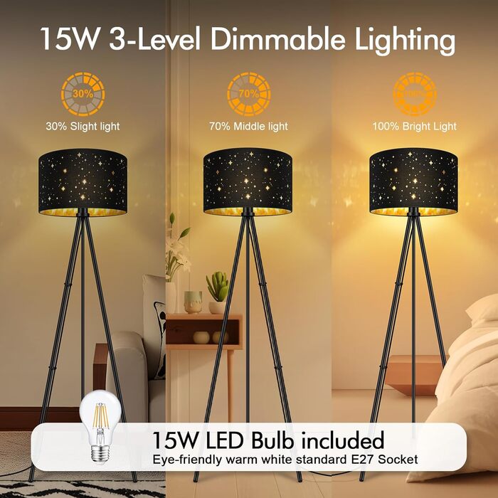 AUQUEE LED-стійка лампа для вітальні, 6W, сучасна тринога з металу, декоративний плафон, вимикач на корпусі, ретро лампа для читання, для вітальні, спальні (зірка+чорний та золото)