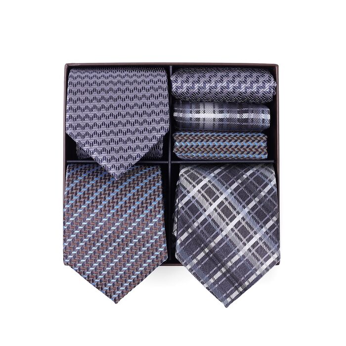Набір краваток для чоловіків 3 шт. + 3 кишенькові хустинки | Подарунковий бокс для чоловіків | Класичний подарунок на весілля | Кольори: фіолетовий, сірий, блакитний